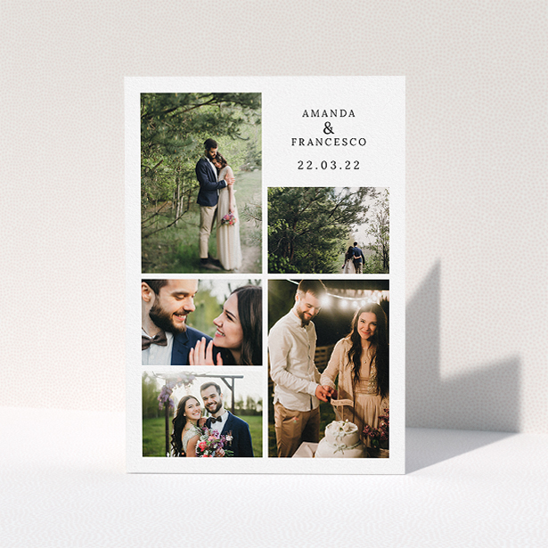 A photo wedding thank you card named "5 Photo Frame". It is an A5 card in a portrait orientation. It is a photographic photo wedding thank you card with room for 5 photos. "5 Photo Frame" is available as a folded card, with mainly white colouring.