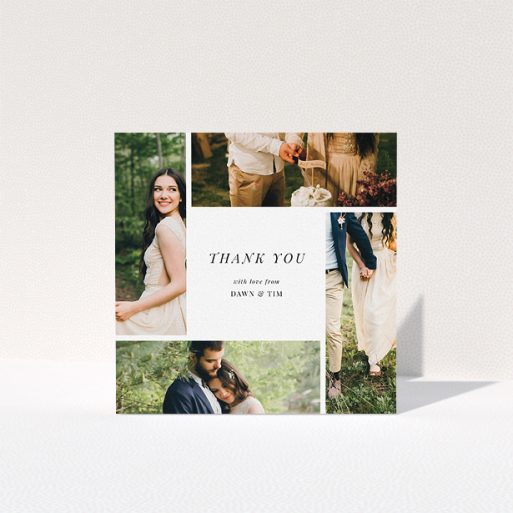 Photo Wedding Thank You Card Design - "Around the sides" A photo wedding thank you card named "Around the sides". It is a square (148mm x 148mm) card in a square orientation. It is a photographic photo wedding thank you card with room for 3 photos. "Around the sides" is available as a folded card, with tones of black and white.