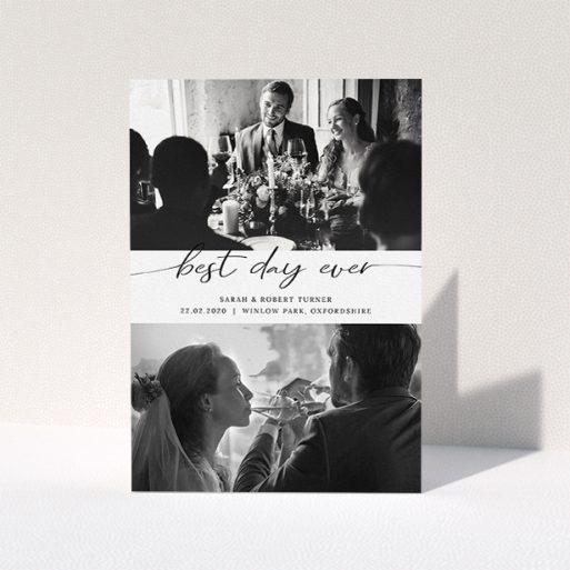 Photo Wedding Thank You Card Design - "Best Day Ever" A photo wedding thank you card design named "Best Day Ever". It is an A5 card in a portrait orientation. It is a photographic photo wedding thank you card with room for 2 photos. "Best Day Ever" is available as a folded card, with mainly white colouring.