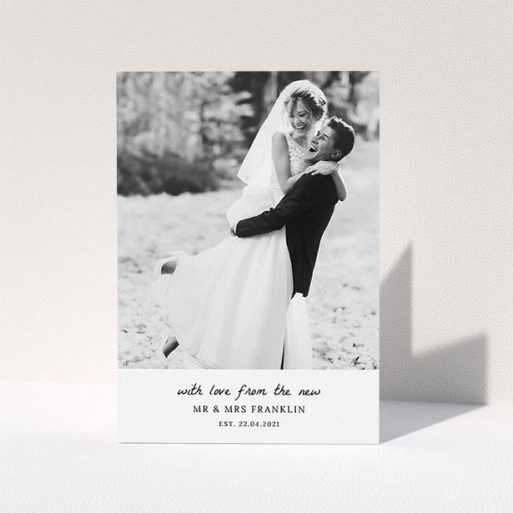 Photo Wedding Thank You Card Design - "Black and White Thanks" A photo wedding thank you card design named "Black and White Thanks". It is an A5 card in a portrait orientation. It is a photographic photo wedding thank you card with room for 1 photo. "Black and White Thanks" is available as a folded card, with mainly white colouring.