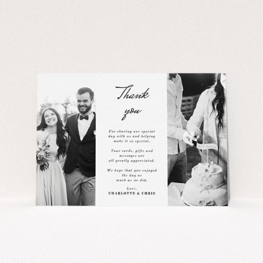 Photo Wedding Thank You Card Design - "Caught in the middle with you" A photo wedding thank you card called "Caught in the middle with you". It is an A5 card in a landscape orientation. It is a photographic photo wedding thank you card with room for 2 photos. "Caught in the middle with you" is available as a flat card, with mainly white colouring.