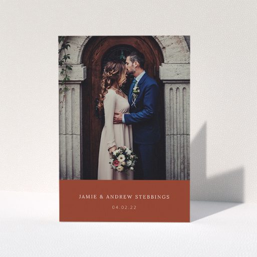 Photo Wedding Thank You Card Design - "Dark Ochre Footer" A photo wedding thank you card design called "Dark Ochre Footer". It is an A5 card in a portrait orientation. It is a photographic photo wedding thank you card with room for 1 photo. "Dark Ochre Footer" is available as a folded card, with mainly dark orange colouring.