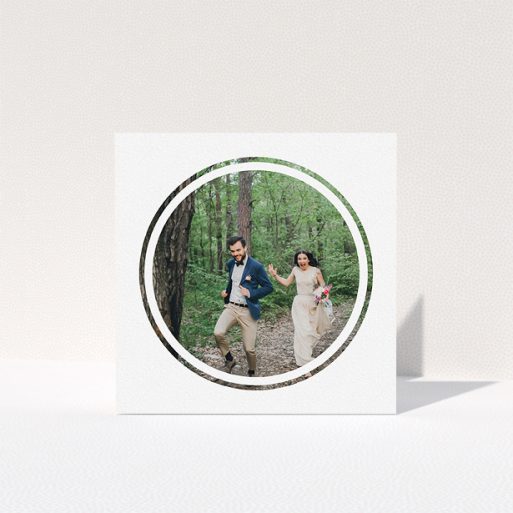 Photo Wedding Thank You Card Design - "Double circle" A photo wedding thank you card named "Double circle". It is a square (148mm x 148mm) card in a square orientation. It is a photographic photo wedding thank you card with room for 1 photo. "Double circle" is available as a folded card, with mainly white colouring.