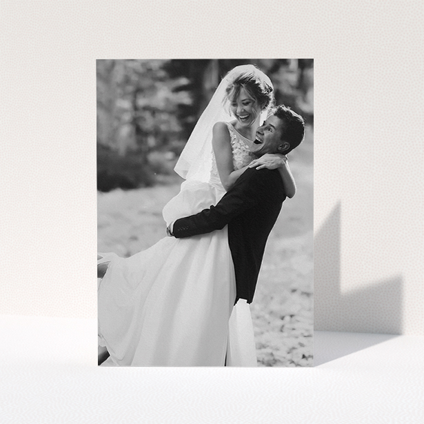 A photo wedding thank you card named "Full-page portrait". It is an A5 card in a portrait orientation. It is a photographic photo wedding thank you card with room for 1 photo. "Full-page portrait" is available as a folded card.