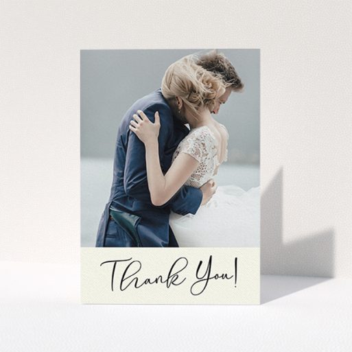 Photo Wedding Thank You Card Design - "Gold Stripe Thank You" A photo wedding thank you card template titled "Gold Stripe Thank You". It is an A6 card in a portrait orientation. It is a photographic photo wedding thank you card with room for 1 photo. "Gold Stripe Thank You" is available as a folded card, with mainly cream colouring.