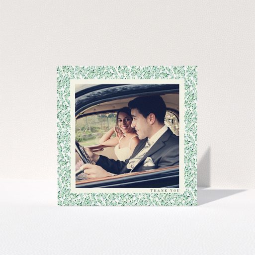 Photo Wedding Thank You Card Design - "Hedge border" A photo wedding thank you card called "Hedge border". It is a square (148mm x 148mm) card in a square orientation. It is a photographic photo wedding thank you card with room for 1 photo. "Hedge border" is available as a folded card, with tones of green and white.