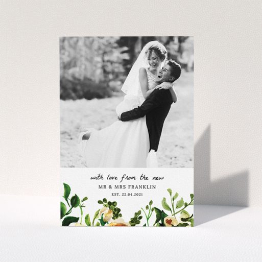 Photo Wedding Thank You Card Design - "Kew Gardens" A photo wedding thank you card named "Kew Gardens". It is an A5 card in a portrait orientation. It is a photographic photo wedding thank you card with room for 1 photo. "Kew Gardens" is available as a folded card, with tones of green, cream and dark green.