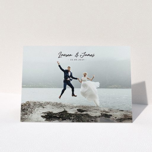 Photo Wedding Thank You Card Design - "Large Landscape Photo" A photo wedding thank you card design titled "Large Landscape Photo". It is an A5 card in a landscape orientation. It is a photographic photo wedding thank you card with room for 1 photo. "Large Landscape Photo" is available as a folded card, with mainly black colouring.