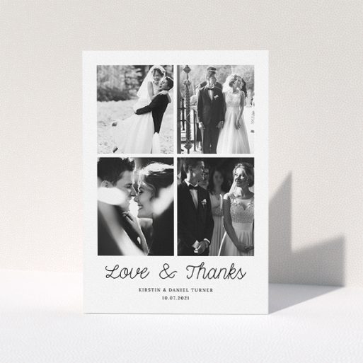Photo Wedding Thank You Card Design - "Love & Thanks" A photo wedding thank you card called "Love & Thanks". It is an A5 card in a portrait orientation. It is a photographic photo wedding thank you card with room for 4 photos. "Love & Thanks" is available as a folded card, with mainly white colouring.
