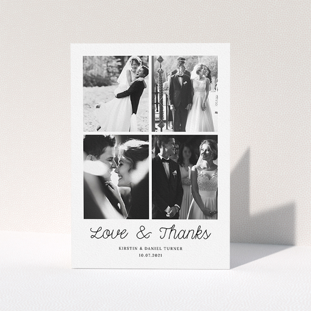 A photo wedding thank you card called "Love & Thanks". It is an A5 card in a portrait orientation. It is a photographic photo wedding thank you card with room for 4 photos. "Love & Thanks" is available as a folded card, with mainly white colouring.