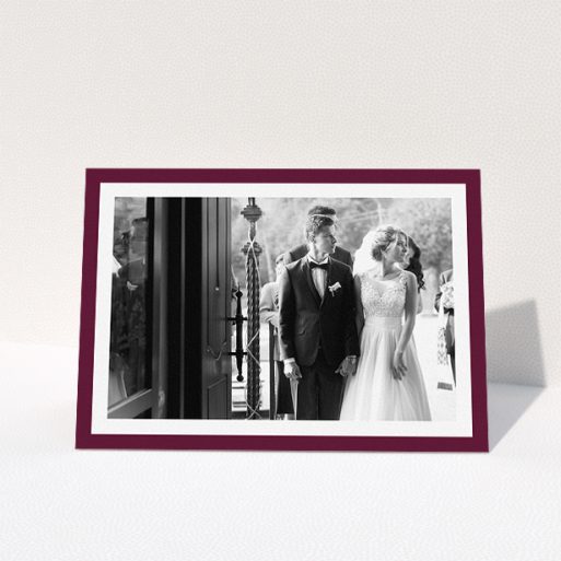 Photo Wedding Thank You Card Design - "Maroon Border" A photo wedding thank you card design titled "Maroon Border". It is an A5 card in a landscape orientation. It is a photographic photo wedding thank you card with room for 1 photo. "Maroon Border" is available as a folded card, with tones of burgundy and white.