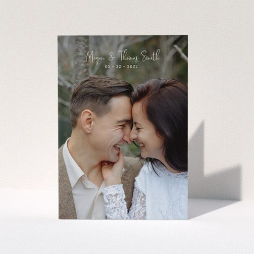 Photo Wedding Thank You Card Design - "Name-Date-Photo" A photo wedding thank you card template titled "Name-Date-Photo". It is an A5 card in a portrait orientation. It is a photographic photo wedding thank you card with room for 1 photo. "Name-Date-Photo" is available as a folded card, with mainly white colouring.