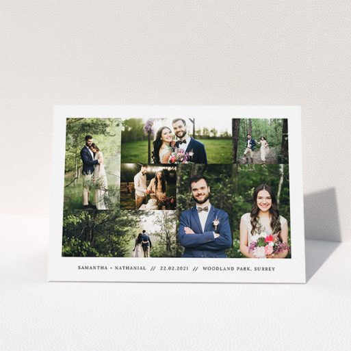 Photo Wedding Thank You Card Design - "No Gap Photo Arrangement" A photo wedding thank you card named "No Gap Photo Arrangement". It is an A5 card in a landscape orientation. It is a photographic photo wedding thank you card with room for 7 photos. "No Gap Photo Arrangement" is available as a folded card, with mainly white colouring.