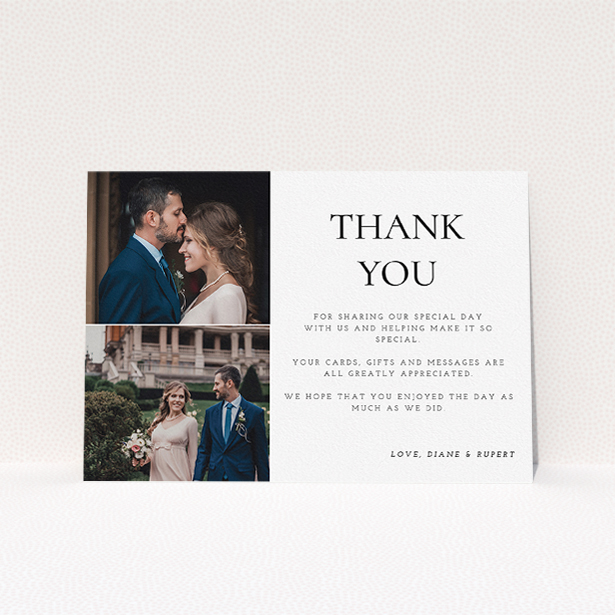 A photo wedding thank you card template titled "On the top". It is an A5 card in a landscape orientation. It is a photographic photo wedding thank you card with room for 1 photo. "On the top" is available as a flat card, with tones of black and white.