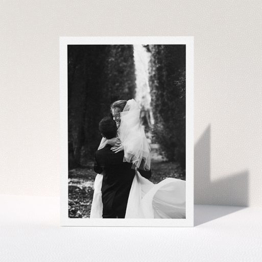 Photo Wedding Thank You Card Design - "One Photo Thanks" A photo wedding thank you card design called "One Photo Thanks". It is an A5 card in a portrait orientation. It is a photographic photo wedding thank you card with room for 1 photo. "One Photo Thanks" is available as a folded card.