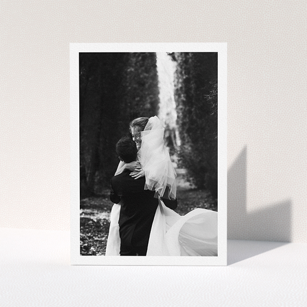 A photo wedding thank you card design called "One Photo Thanks". It is an A5 card in a portrait orientation. It is a photographic photo wedding thank you card with room for 1 photo. "One Photo Thanks" is available as a folded card.