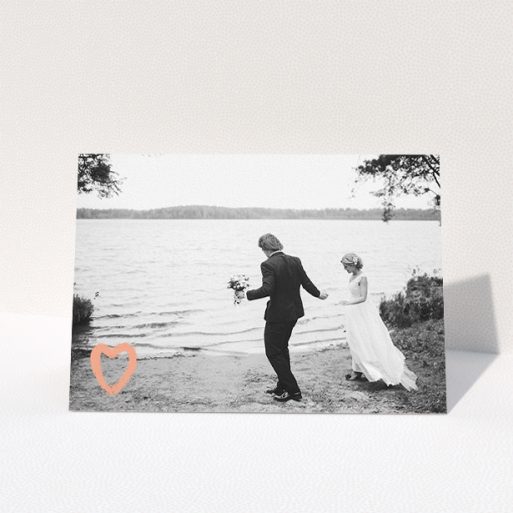 Photo Wedding Thank You Card Design - "Pastel peach heart" A photo wedding thank you card named "Pastel peach heart". It is an A5 card in a landscape orientation. It is a photographic photo wedding thank you card with room for 1 photo. "Pastel peach heart" is available as a folded card, with mainly light pink colouring.