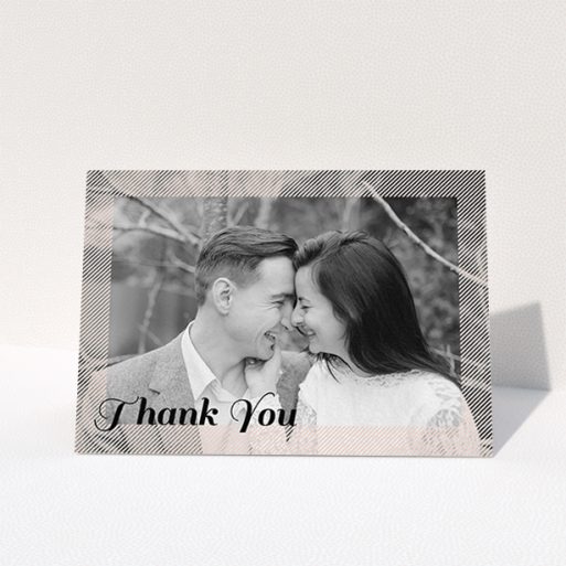 Photo Wedding Thank You Card Design - "Peach Over-Frame" A photo wedding thank you card design called "Peach Over-Frame". It is an A6 card in a landscape orientation. It is a photographic photo wedding thank you card with room for 1 photo. "Peach Over-Frame" is available as a folded card, with mainly light pink colouring.