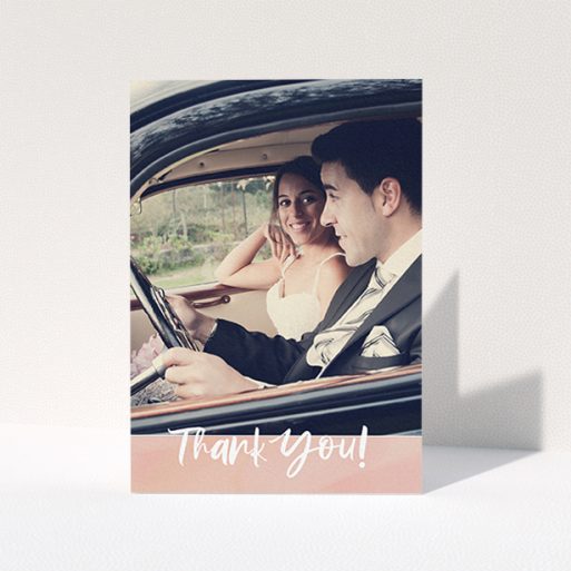 Photo Wedding Thank You Card Design - "Pretty on Pink" A photo wedding thank you card design titled "Pretty on Pink". It is an A6 card in a portrait orientation. It is a photographic photo wedding thank you card with room for 1 photo. "Pretty on Pink" is available as a folded card, with tones of pink and white.