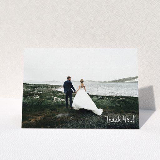 Photo Wedding Thank You Card Design - "Rough but Simple Photo" A photo wedding thank you card named "Rough but Simple Photo". It is an A5 card in a landscape orientation. It is a photographic photo wedding thank you card with room for 1 photo. "Rough but Simple Photo" is available as a folded card, with mainly white colouring.