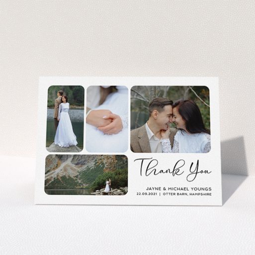 Photo Wedding Thank You Card Design - "Rounded 4-photo Arrangement" A photo wedding thank you card named "Rounded 4-photo Arrangement". It is an A5 card in a landscape orientation. It is a photographic photo wedding thank you card with room for 4 photos. "Rounded 4-photo Arrangement" is available as a folded card, with mainly white colouring.