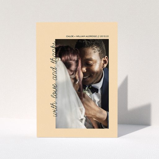 Photo Wedding Thank You Card Design - "Rustic Orange Photo Frame" A photo wedding thank you card design titled "Rustic Orange Photo Frame". It is an A5 card in a portrait orientation. It is a photographic photo wedding thank you card with room for 1 photo. "Rustic Orange Photo Frame" is available as a folded card, with mainly faded orange colouring.