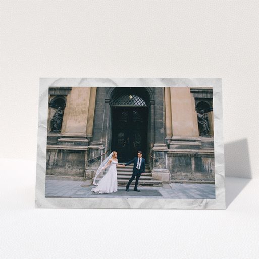 Photo Wedding Thank You Card Design - "Sat on Marble" A photo wedding thank you card named "Sat on Marble". It is an A5 card in a landscape orientation. It is a photographic photo wedding thank you card with room for 1 photo. "Sat on Marble" is available as a folded card, with mainly white colouring.