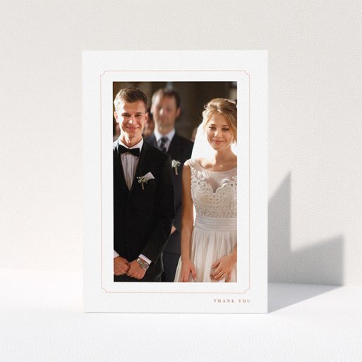 Photo Wedding Thank You Card Design - "Simple fine border" A photo wedding thank you card design named "Simple fine border". It is an A5 card in a portrait orientation. It is a photographic photo wedding thank you card with room for 1 photo. "Simple fine border" is available as a folded card, with tones of white and pink.