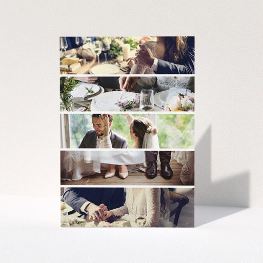 Photo Wedding Thank You Card Design - "Split into five" A photo wedding thank you card design titled "Split into five". It is an A5 card in a portrait orientation. It is a photographic photo wedding thank you card with room for 3 photos. "Split into five" is available as a folded card, with mainly white colouring.