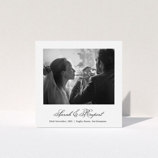 Photo Wedding Thank You Card Design - "Traditional Photo Thanks" A photo wedding thank you card design named "Traditional Photo Thanks". It is a square (148mm x 148mm) card in a square orientation. It is a photographic photo wedding thank you card with room for 1 photo. "Traditional Photo Thanks" is available as a folded card, with mainly white colouring.