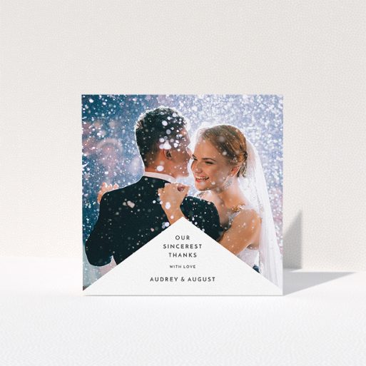 Photo Wedding Thank You Card Design - "Triangular thank you" A photo wedding thank you card design called "Triangular thank you". It is a square (148mm x 148mm) card in a square orientation. It is a photographic photo wedding thank you card with room for 1 photo. "Triangular thank you" is available as a folded card, with mainly white colouring.