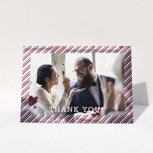 Photo Wedding Thank You Card Design - "Tricolour Photo Frame" A photo wedding thank you card design titled "Tricolour Photo Frame". It is an A6 card in a landscape orientation. It is a photographic photo wedding thank you card with room for 1 photo. "Tricolour Photo Frame" is available as a folded card, with mainly white colouring.