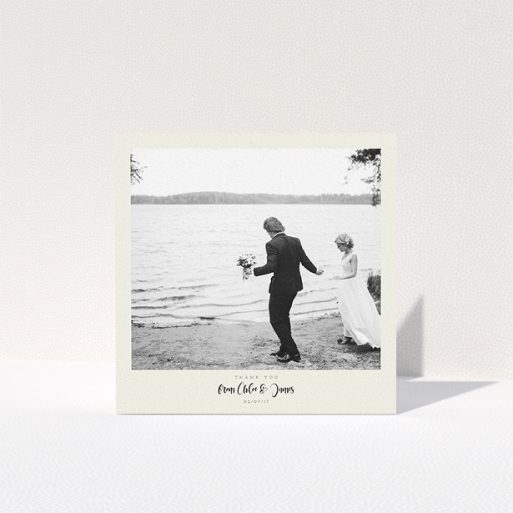 Photo Wedding Thank You Card Design - "Vintage Snapshot" A photo wedding thank you card template titled "Vintage Snapshot". It is a square (148mm x 148mm) card in a square orientation. It is a photographic photo wedding thank you card with room for 1 photo. "Vintage Snapshot" is available as a folded card, with mainly cream colouring.