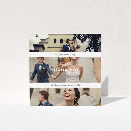 Photo Wedding Thank You Card Design - "We just wanted to say" A photo wedding thank you card template titled "We just wanted to say". It is a square (148mm x 148mm) card in a square orientation. It is a photographic photo wedding thank you card with room for 3 photos. "We just wanted to say" is available as a folded card, with mainly white colouring.