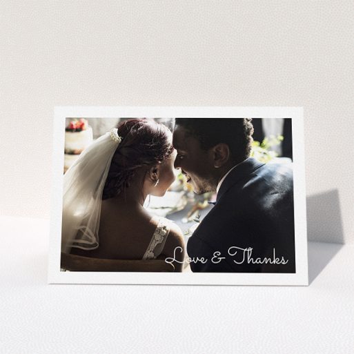 Photo Wedding Thank You Card Design - "Wedding Thanks Landscape" A photo wedding thank you card design named "Wedding Thanks Landscape". It is an A5 card in a landscape orientation. It is a photographic photo wedding thank you card with room for 1 photo. "Wedding Thanks Landscape" is available as a folded card, with mainly white colouring.