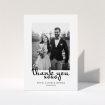 A photo wedding thank you card design named "XoXo". It is an A5 card in a portrait orientation. It is a photographic photo wedding thank you card with room for 1 photo. "XoXo" is available as a folded card, with mainly white colouring.