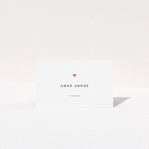 Place Setting Card Design - "A little heart" A place setting card design titled "A little heart". It is an 85 x 55mm card in a landscape orientation. "A little heart" is available as a folded card, with tones of white and red.