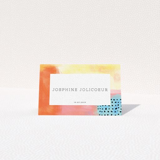 Place Setting Card Design - "Abstract Colours" A place setting card template titled "Abstract Colours". It is an 85 x 55mm card in a landscape orientation. "Abstract Colours" is available as a folded card, with tones of orange, red and yellow.