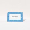 A place setting card named "Capri". It is an 85 x 55mm card in a landscape orientation. "Capri" is available as a folded card, with tones of light blue and orange.