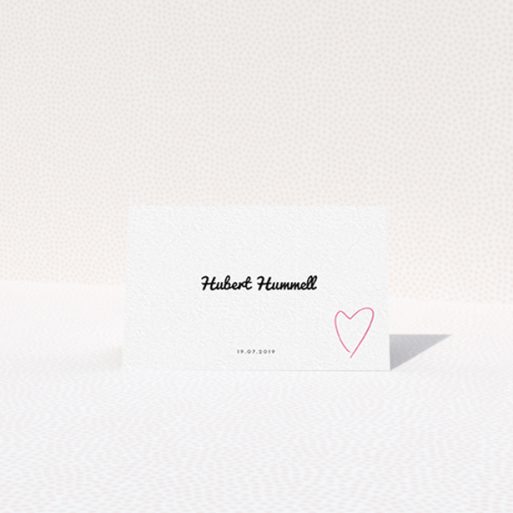 Place Setting Card Design - "Casual Loving" A place setting card design called "Casual Loving". It is an 85 x 55mm card in a landscape orientation. "Casual Loving" is available as a folded card, with tones of white and pink.