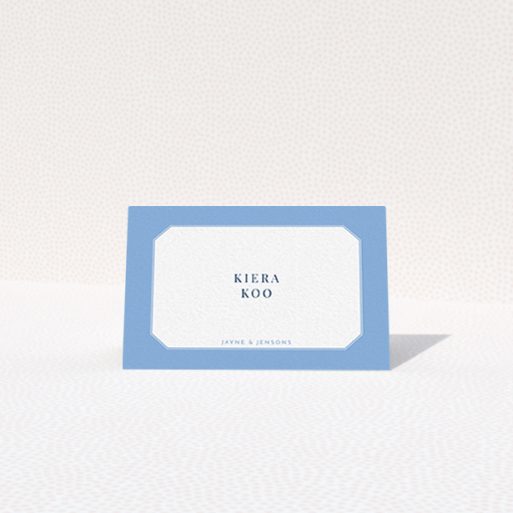 Place Setting Card Design - "Ceramic Blue Edge" A place setting card called "Ceramic Blue Edge". It is an 85 x 55mm card in a landscape orientation. "Ceramic Blue Edge" is available as a folded card, with tones of blue and white.
