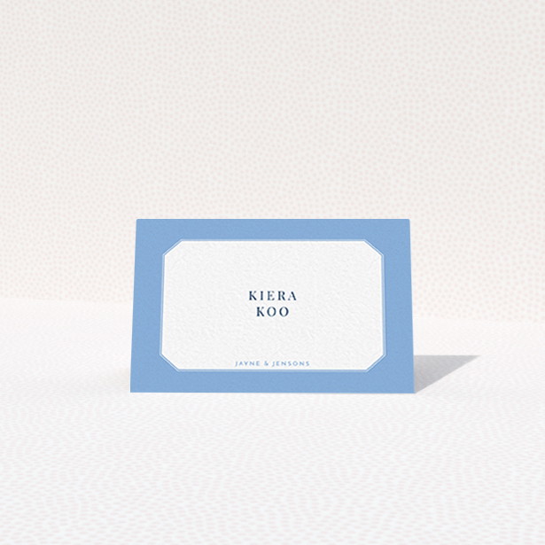 A place setting card called "Ceramic Blue Edge". It is an 85 x 55mm card in a landscape orientation. "Ceramic Blue Edge" is available as a folded card, with tones of blue and white.