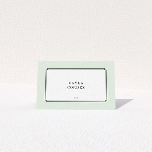 Place Setting Card Design - "Deco mint" A place setting card called "Deco mint". It is an 85 x 55mm card in a landscape orientation. "Deco mint" is available as a folded card, with tones of green and white.