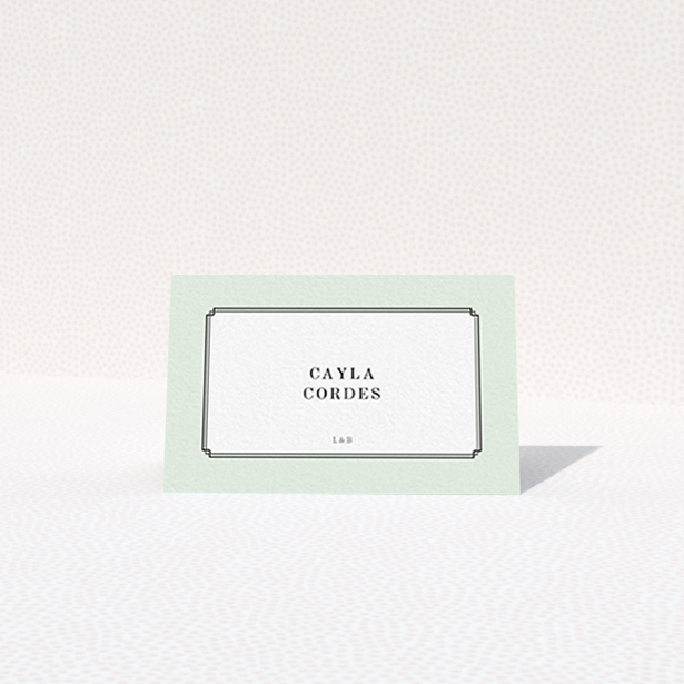 A place setting card called "Deco mint". It is an 85 x 55mm card in a landscape orientation. "Deco mint" is available as a folded card, with tones of green and white.
