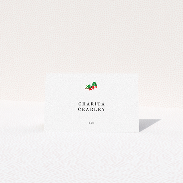 A place setting card template titled "Oil Berries". It is an 85 x 55mm card in a landscape orientation. "Oil Berries" is available as a folded card, with tones of white and green.