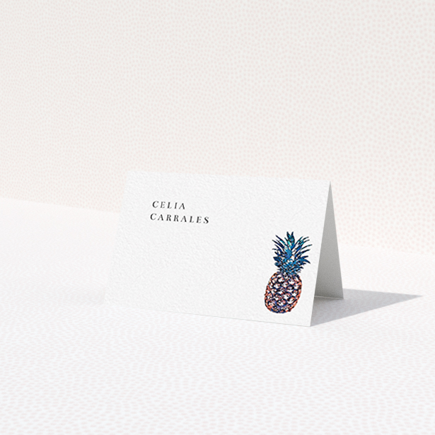 A place setting card design called "One Little Pineapple". It is an 85 x 55mm card in a landscape orientation. "One Little Pineapple" is available as a folded card, with tones of white and green.