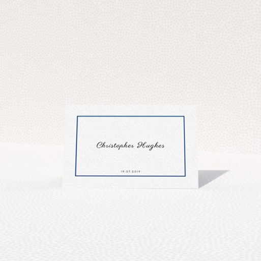 Place Setting Card Design - "Royal Blue Simple" A place setting card design titled "Royal Blue Simple". It is an 85 x 55mm card in a landscape orientation. "Royal Blue Simple" is available as a folded card, with tones of white and blue.