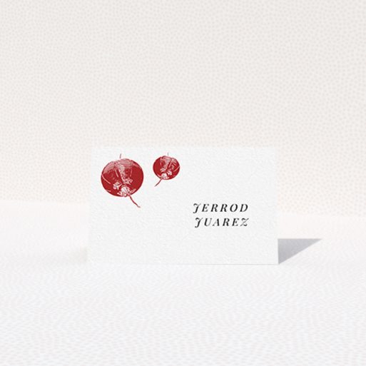 Table Place Card - Shanghai Nights (Red) A place setting card called "Shanghai Nights". It is an 85 x 55mm card in a landscape orientation. "Shanghai Nights" is available as a folded card, with tones of red and white.