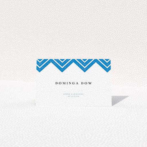 Place Setting Card Design - "Skiapthos" A place setting card named "Skiapthos". It is an 85 x 55mm card in a landscape orientation. "Skiapthos" is available as a folded card, with tones of blue and white.