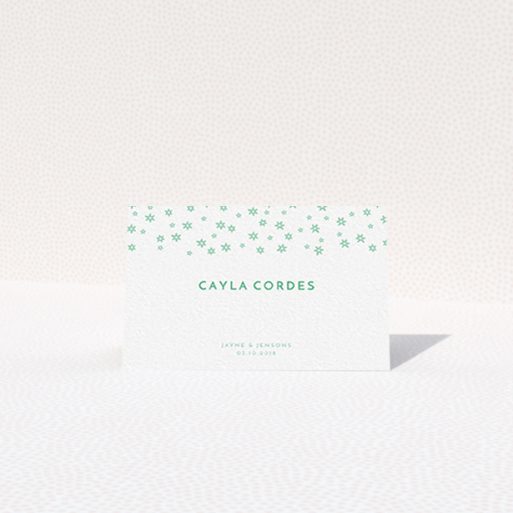 Place Setting Card Design - "Stars at Night" A place setting card design named "Stars at Night". It is an 85 x 55mm card in a landscape orientation. "Stars at Night" is available as a folded card, with tones of green and white.